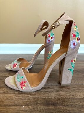 Shoe Republic LA Embroidered Ankle Strap Heeled Sandals